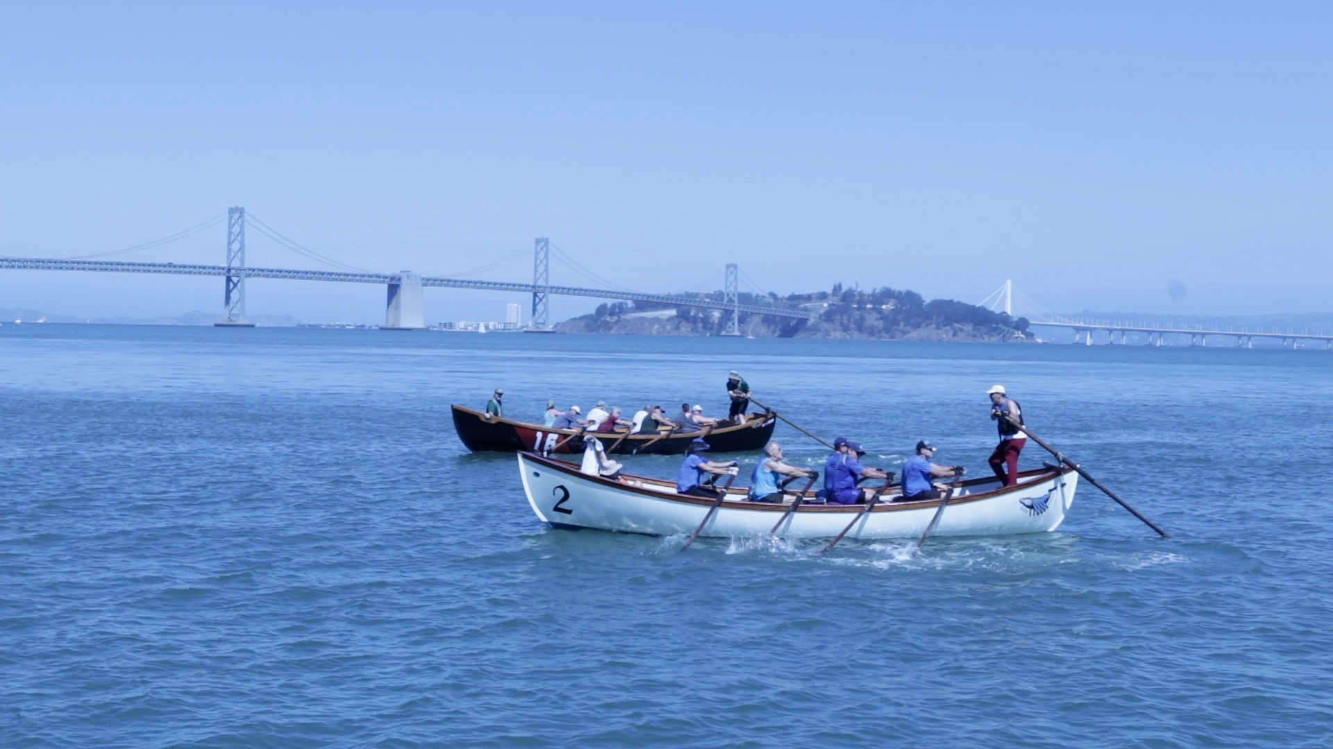 Whaleboats at the start of the ERC Sprints race on San Francisco Bay